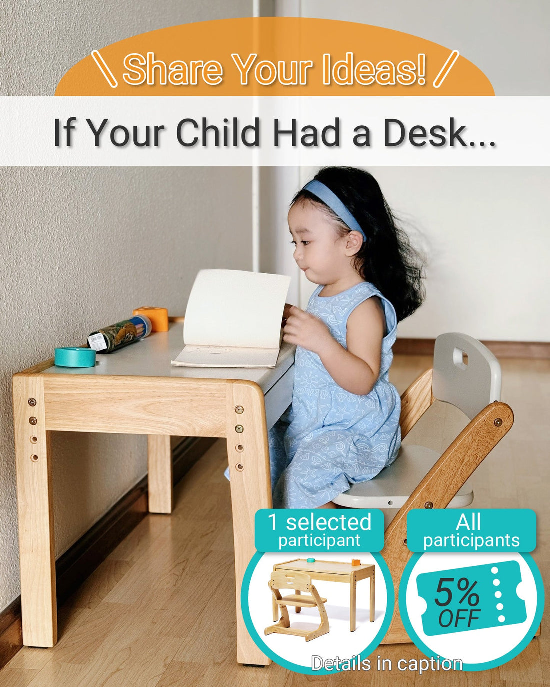 A girl reading while using little desk and chair for kids.