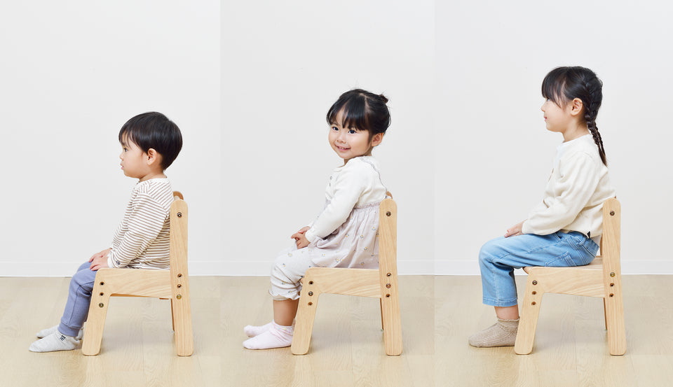 Three height settings on the Yamatoya Norsta3 Kids Chair, showing seat adjustment positions for children aged 18 months to 6 years.